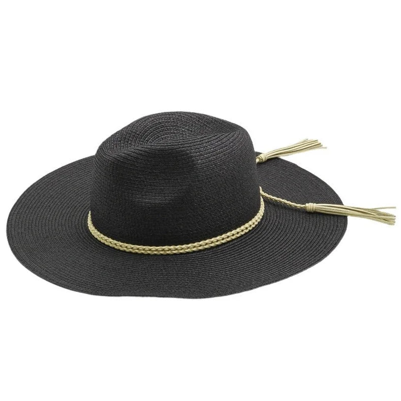 Black wide-brimmed sun hat with gold braided rope strap and tassels for style