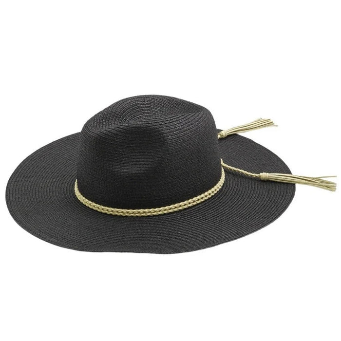 Straw Braided Rope Strap Fedora Hat - Black