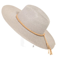 Wide-brimmed straw sun hat with braided rope strap and tan braided band