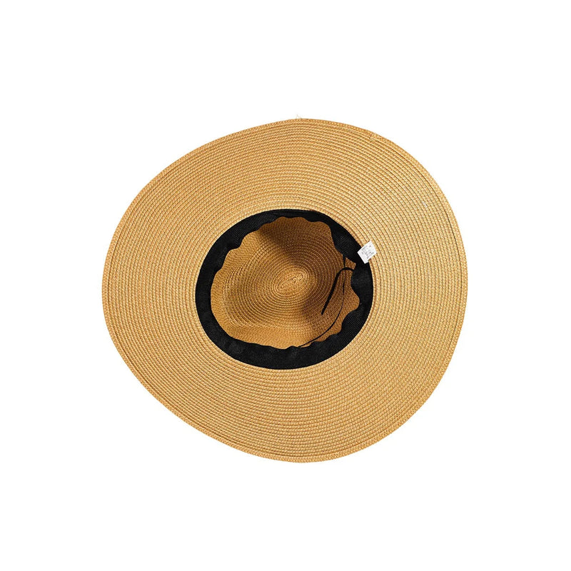 Wide-brimmed straw sun hat with black band and braided rope strap for stylish sun protection