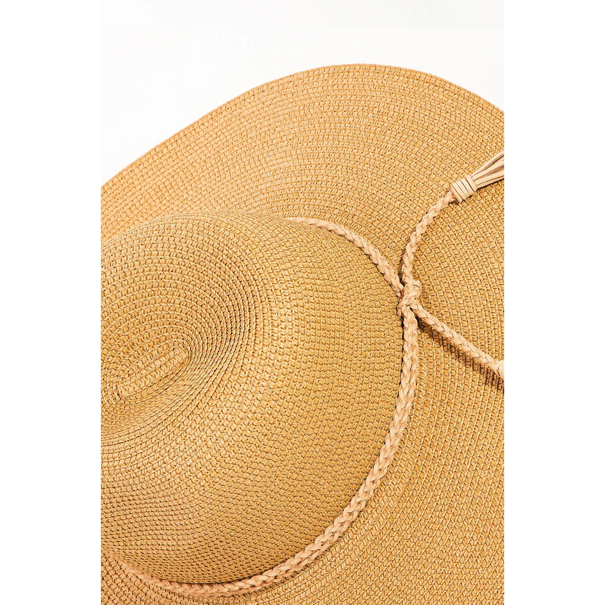 Woven straw sun hat with braided rope strap detail for stylish summer protection