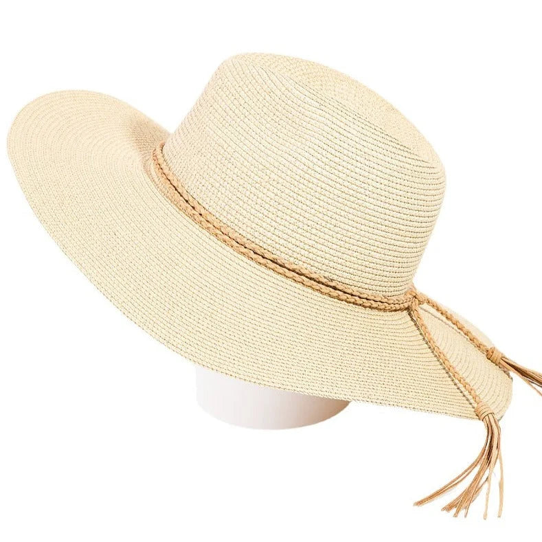 Wide-brimmed straw sun hat with braided rope strap for stylish sun protection