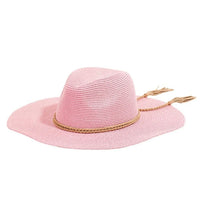 Pink wide-brimmed straw hat with braided rope strap for stylish sun protection