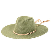 Green straw hat with beige band and tassels, featuring a stylish braided rope strap