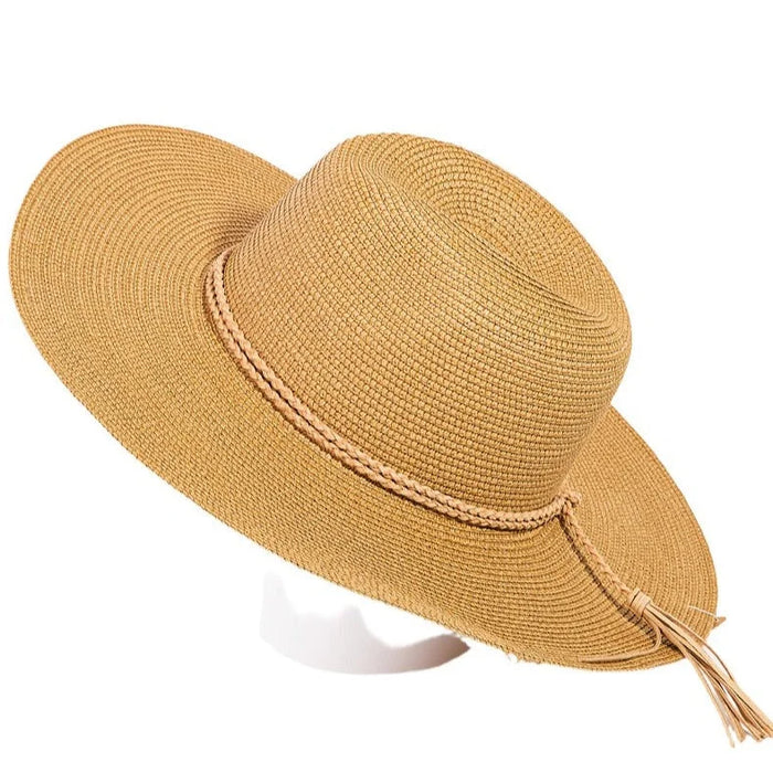 Straw Braided Rope Strap Fedora Hat - Tan