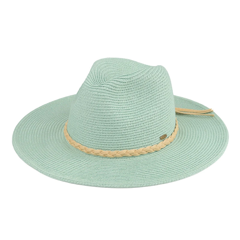 Mint green straw Panama hat with braided tan band for stylish sun protection