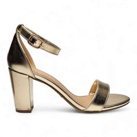 Gold metallic classic chunky high-heeled sandal with ankle strap and block heel