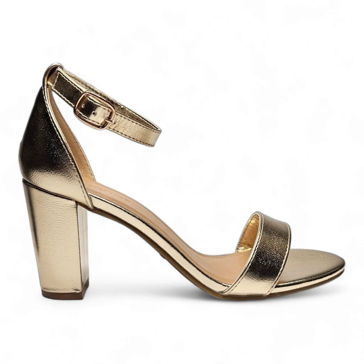 Gold metallic classic chunky high-heeled sandal with ankle strap and block heel