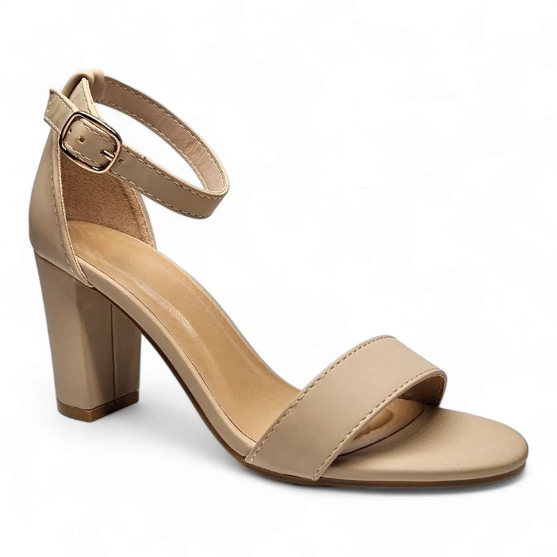 Beige high-heeled sandal with ankle strap and block heel from Classic Chunky collection