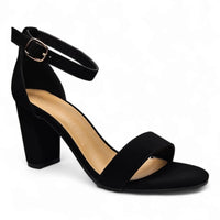 Black high-heeled sandal with ankle strap, perfect for a classic chunky look