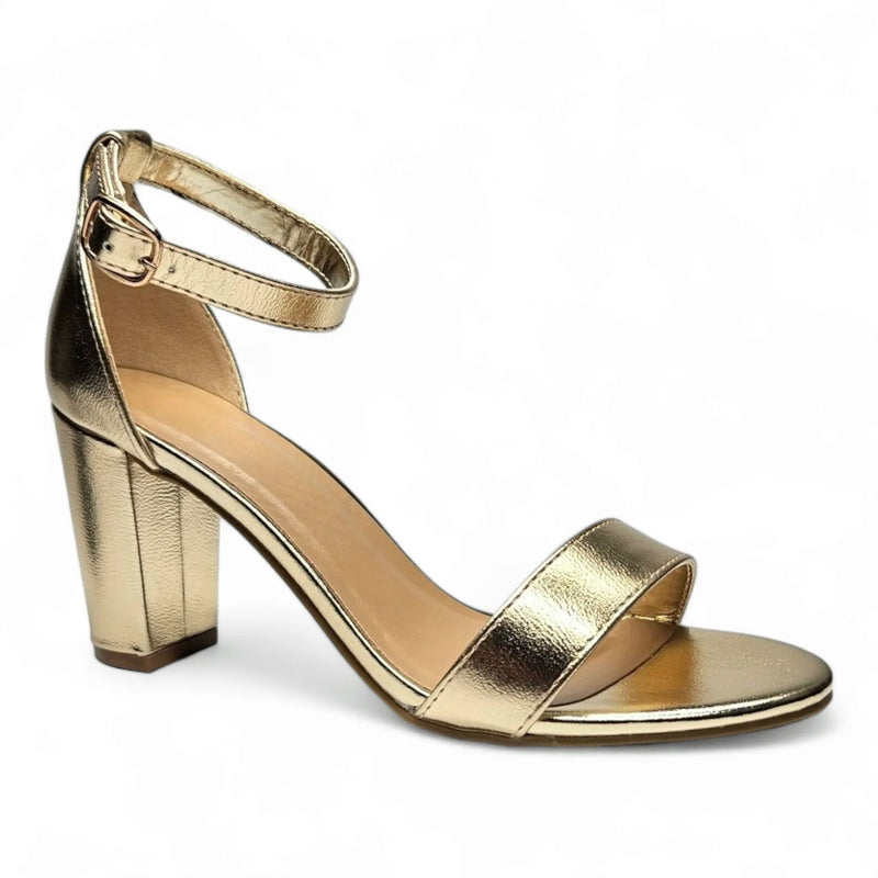 Gold metallic classic chunky high-heeled sandal with ankle strap and block heel