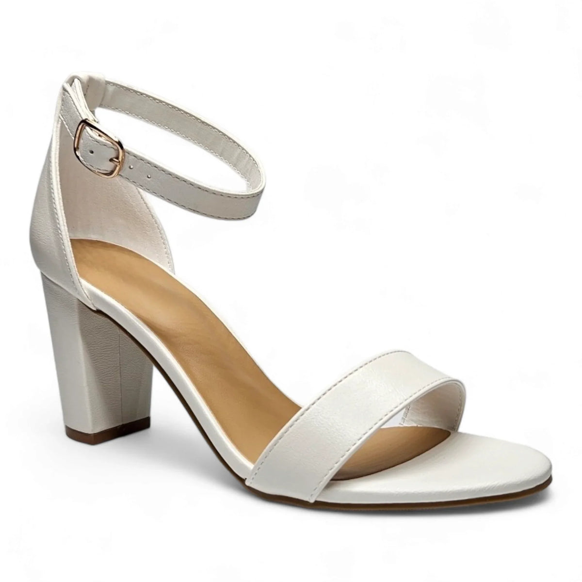 White high-heeled sandal with ankle strap and block heel, a classic chunky style