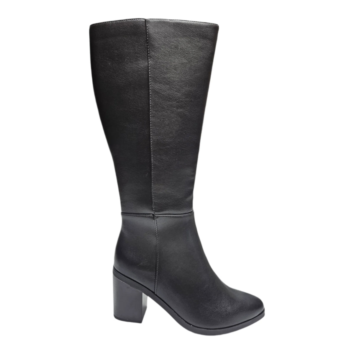 Black leather knee high boots with a chunky heel from the Study Block Heel collection