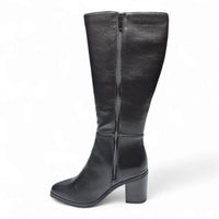 Black leather knee high boots with chunky heel and side zipper from Study Block collection