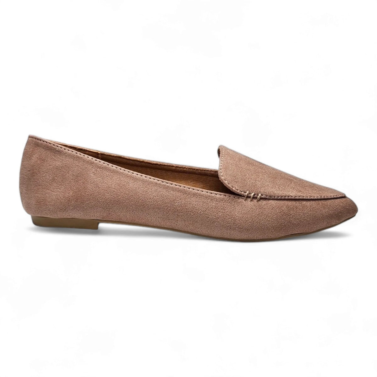 Taupe suede ballet flat featuring a pointed toe and flat sole for elegant comfort