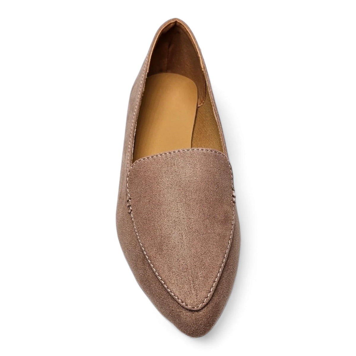 Taupe suede pointed-toe loafer with flat sole from the Suede Ballet Flat collection