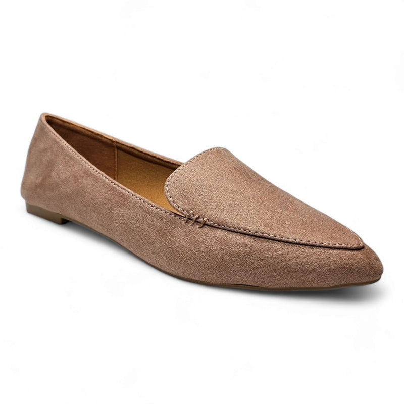 Taupe suede pointed-toe loafer with flat sole from the Suede Ballet Flat collection