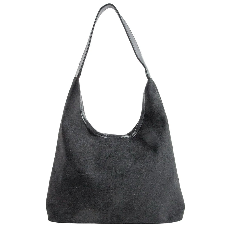 Suede Faux Leather Trim Hobo Bag - Black - Shoulder Bags