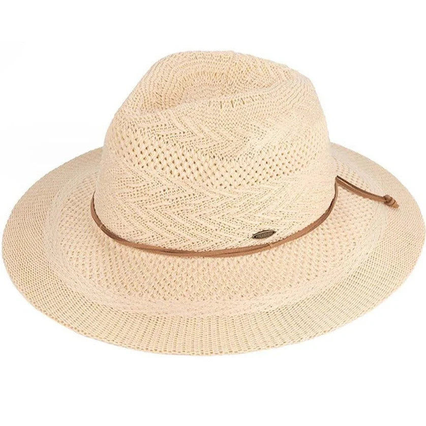 Beige straw fedora hat with leather band, perfect for a Suede String Panama look