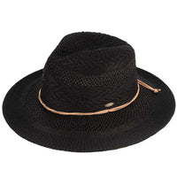 Black wide-brimmed straw hat with tan leather band and suede string Panama design