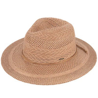 Tan straw fedora hat with breathable design, part of the Suede String Panama collection