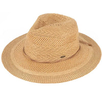 Woven straw fedora hat with a wide brim and suede string, perfect for summer style