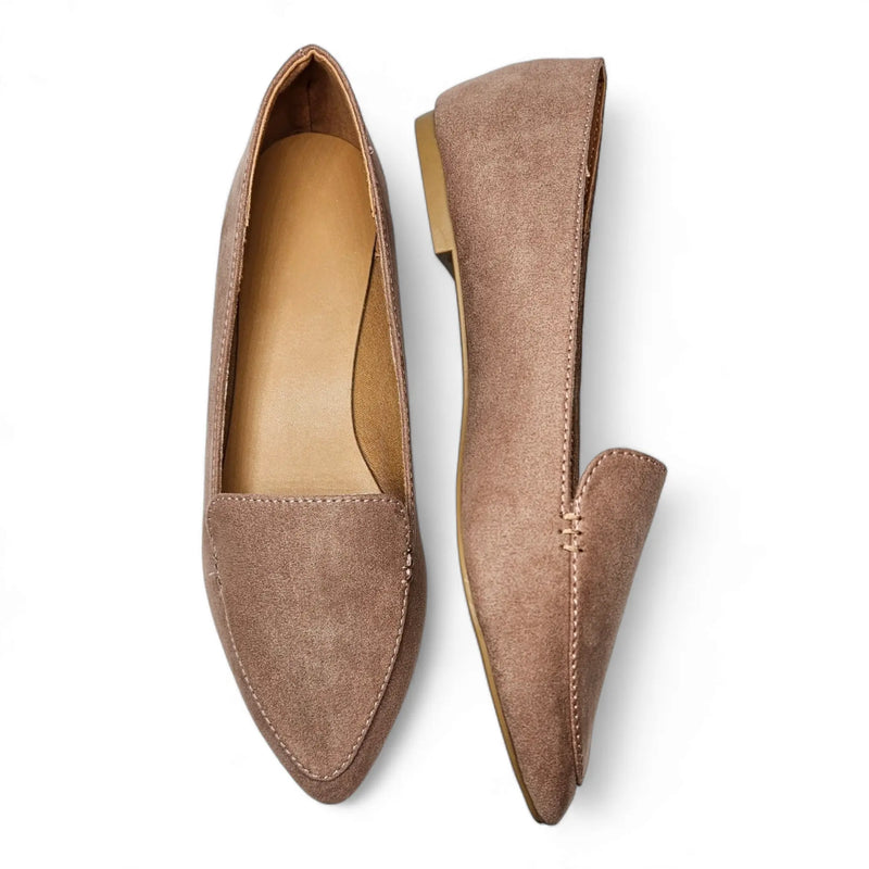 Taupe suede pointed-toe flats from the Suede Ballet Flat collection