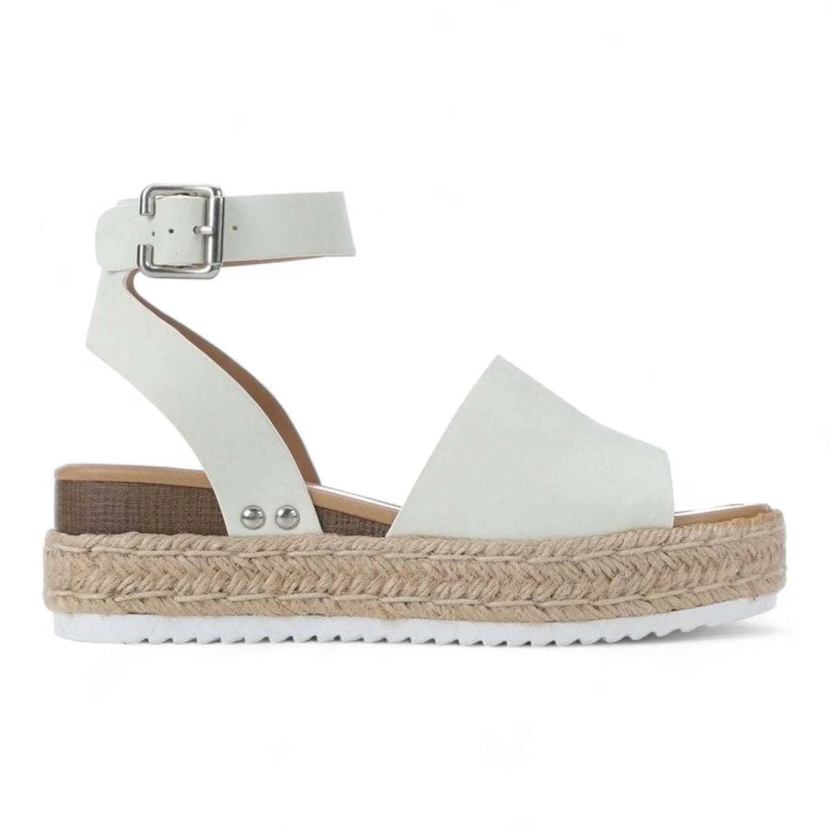 White leather platform sandals with espadrille-style sole and ankle strap for summer