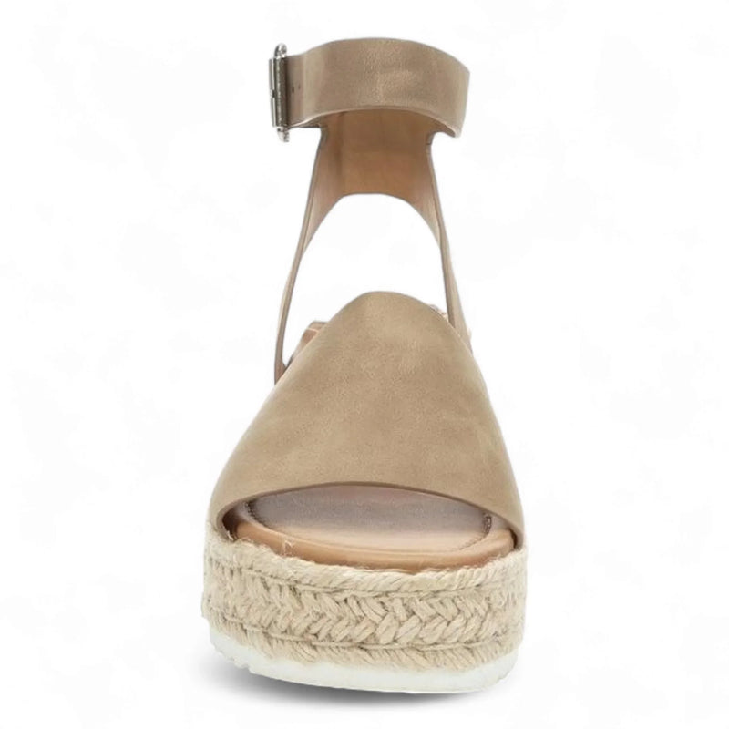 Beige platform sandal with ankle strap and espadrille-style sole for Summer Platform Wedges