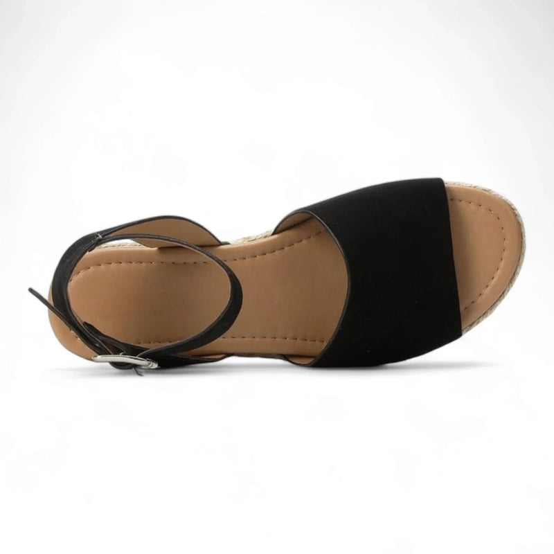 Black ankle-strap sandal with flat sole and textured fabric upper for Summer Platform Wedges