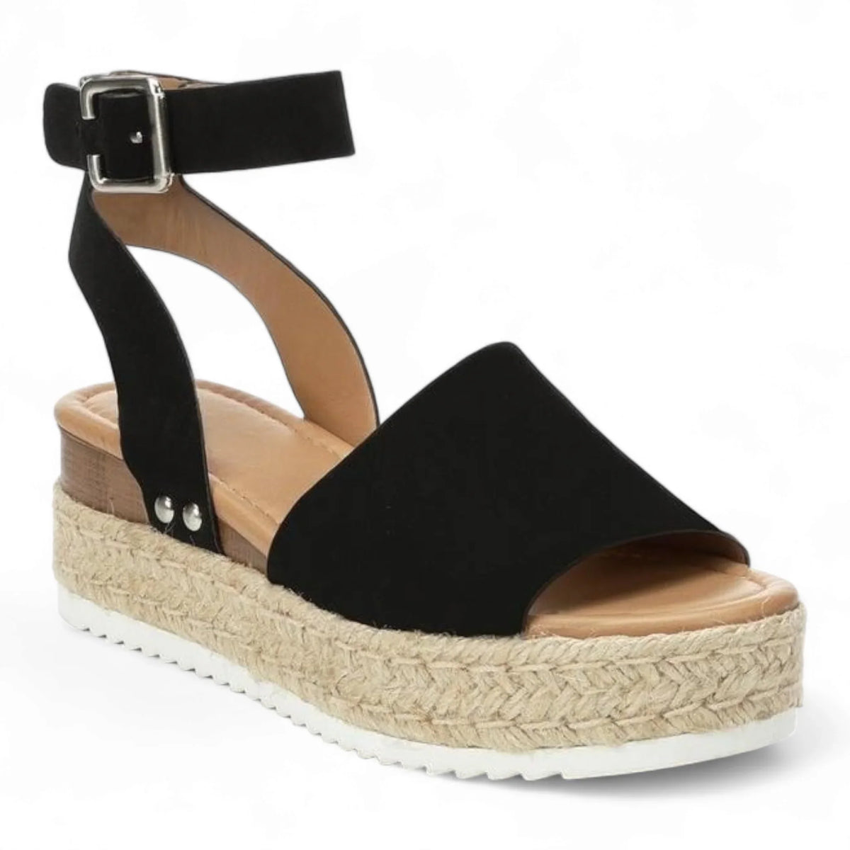 Black platform sandals with ankle strap and espadrille-style sole for Summer Platform Wedges