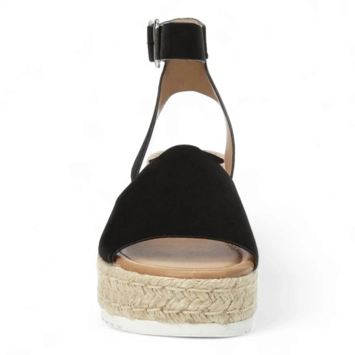 Black ankle strap sandal with espadrille platform sole, perfect for Summer Platform Wedges