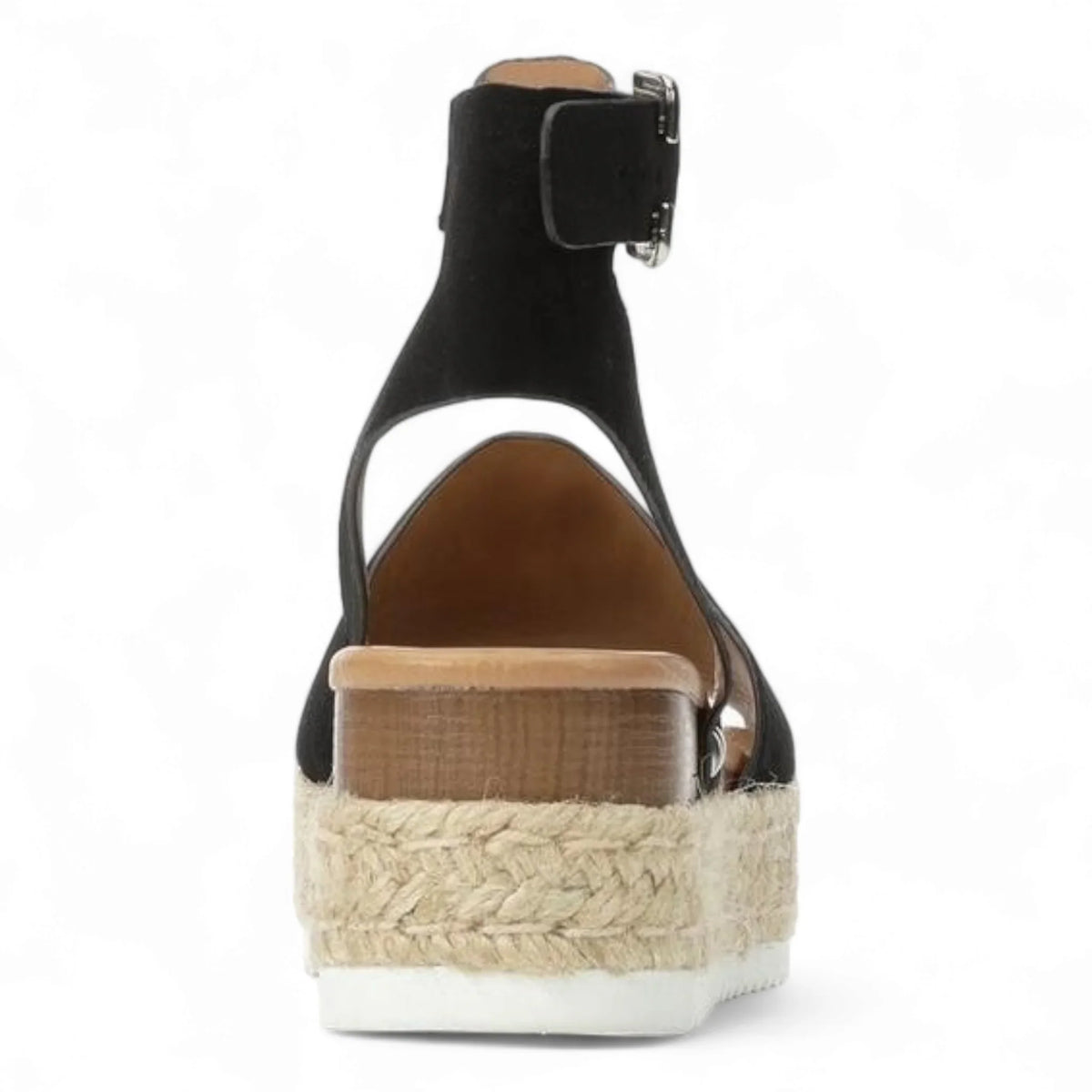 Black ankle strap platform sandals with espadrille-style sole for Summer Platform Wedges