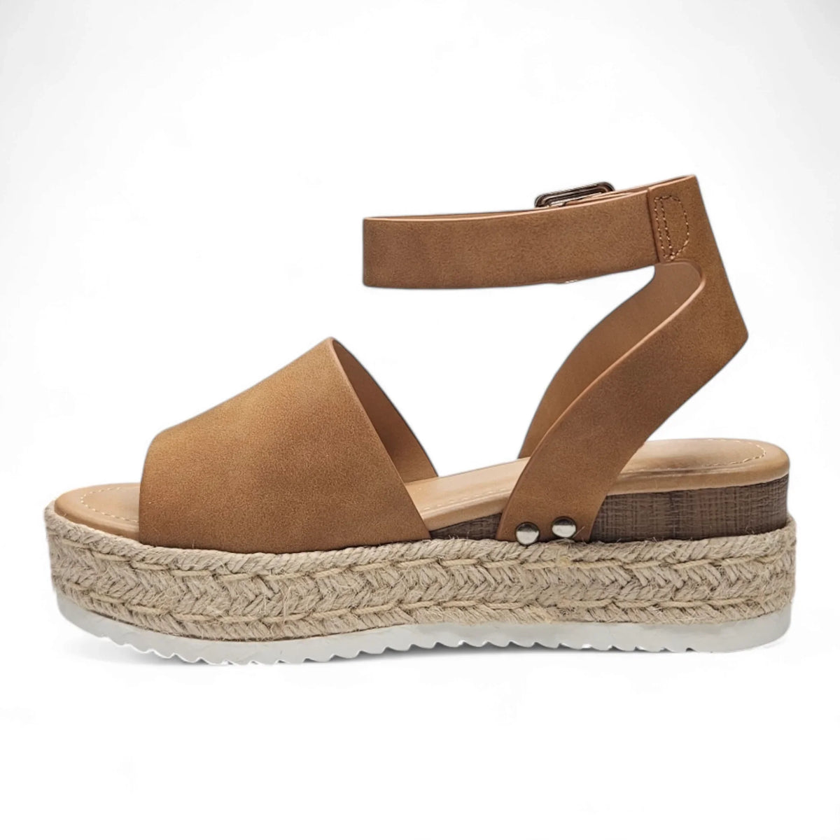 Tan leather platform sandal with espadrille sole and ankle strap for Summer Platform Wedges