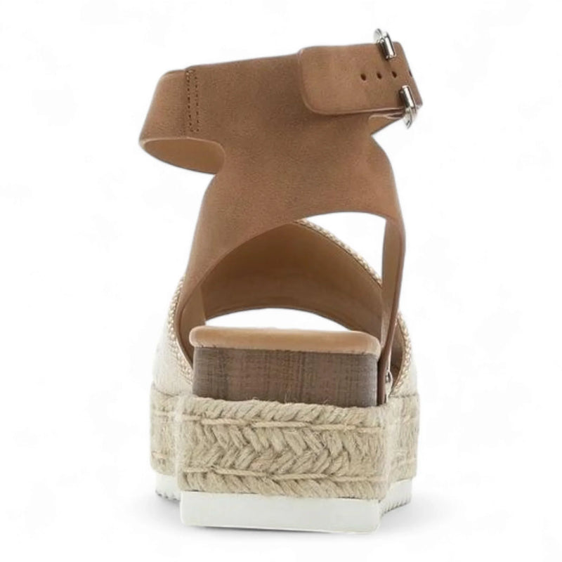 Tan leather platform sandal with espadrille-style woven rope midsole for Summer Platform Wedges