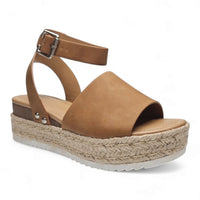 Tan leather platform sandals with espadrille sole and ankle strap for Summer Platform Wedges