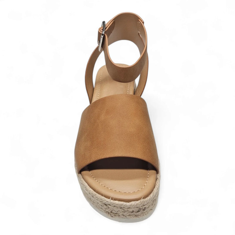 Tan leather sandal with ankle strap and espadrille-style platform for Summer Platform Wedges