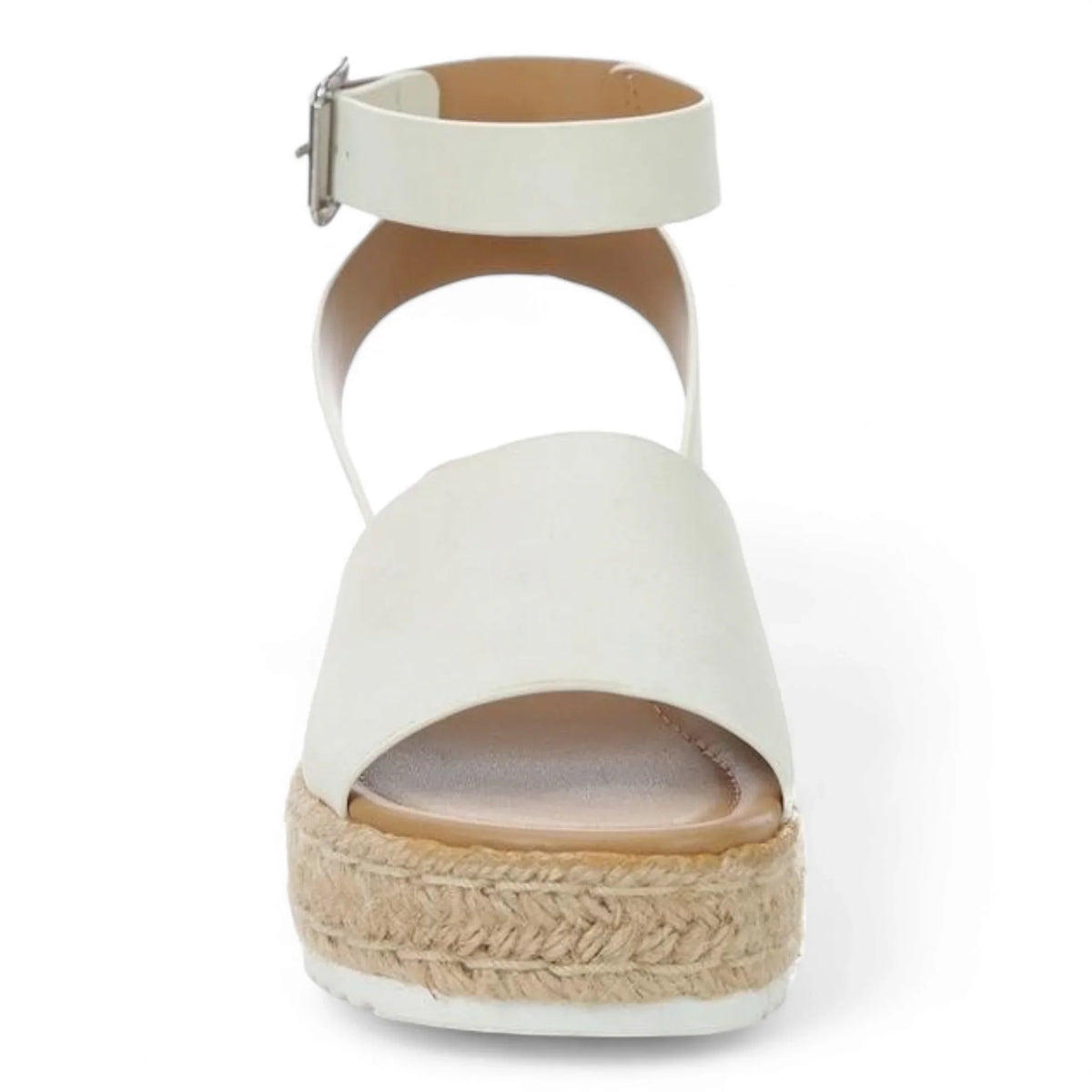 White platform sandals with ankle strap and espadrille-style sole for Summer Platform Wedges