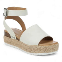 White platform wedges with ankle strap and espadrille sole for summer styles