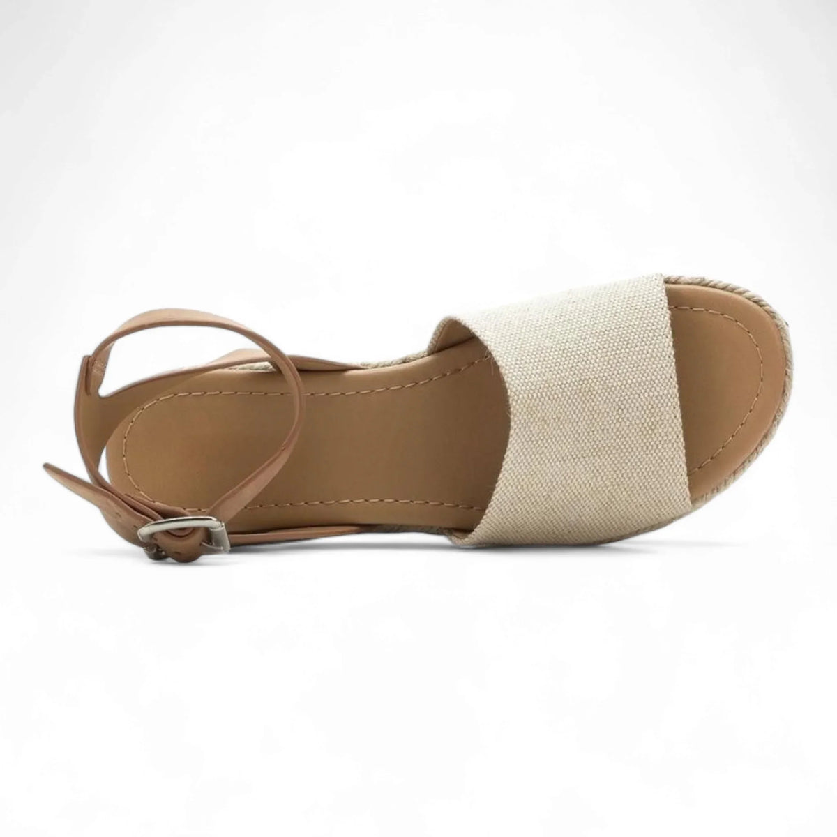 Beige canvas and brown leather ankle strap women’s Summer Platform Wedges