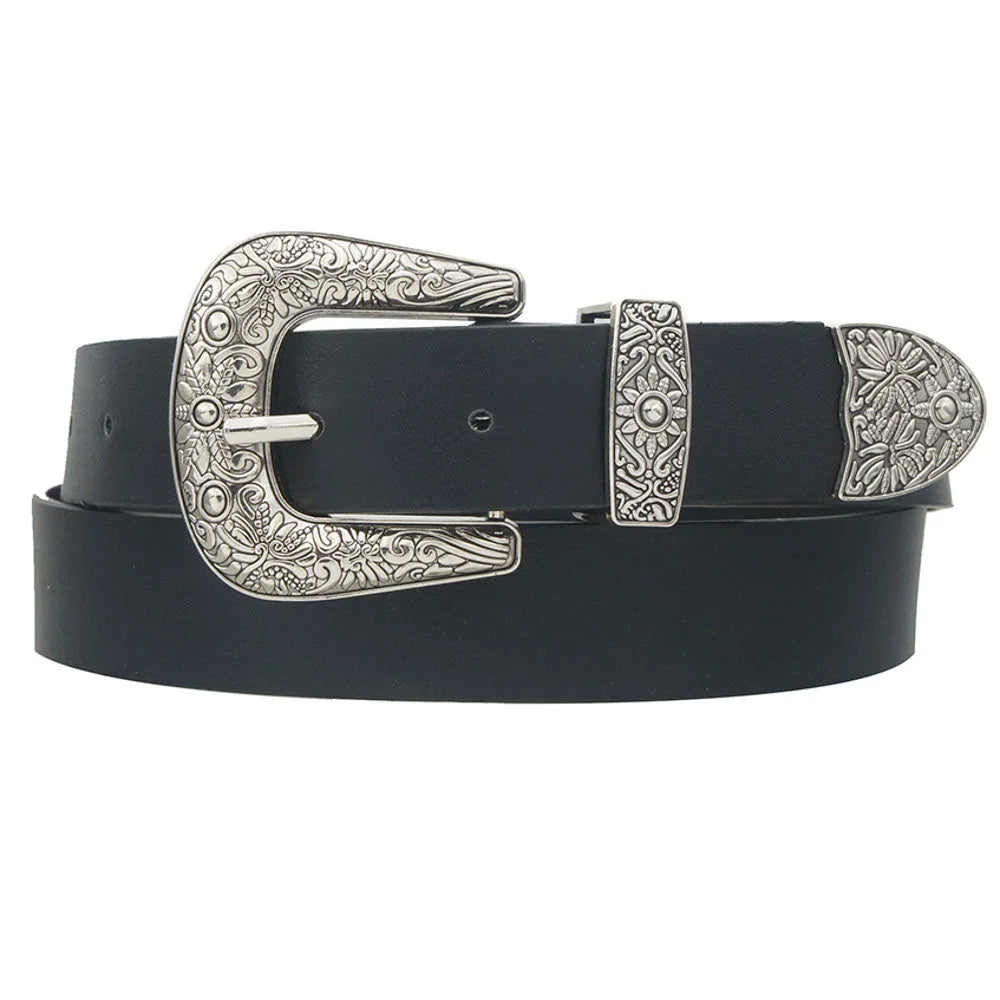 Sun Flora Embossed Western Belt - Black - Belt