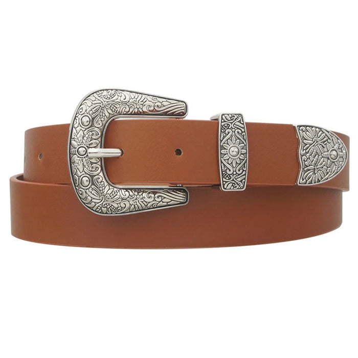 Sun Flora Embossed Western Belt - Cognac