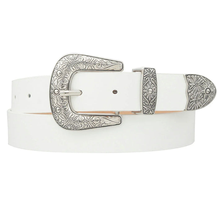 Sun Flora Embossed Western Belt - White