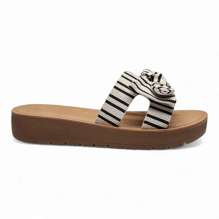 Susie Striped Linen Bow Slip On Sandals with knotted detail and comfortable slip-on design
