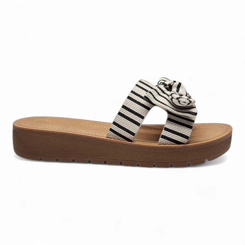 Susie Striped Linen Bow Slip On Sandals with knotted detail and comfortable slip-on design