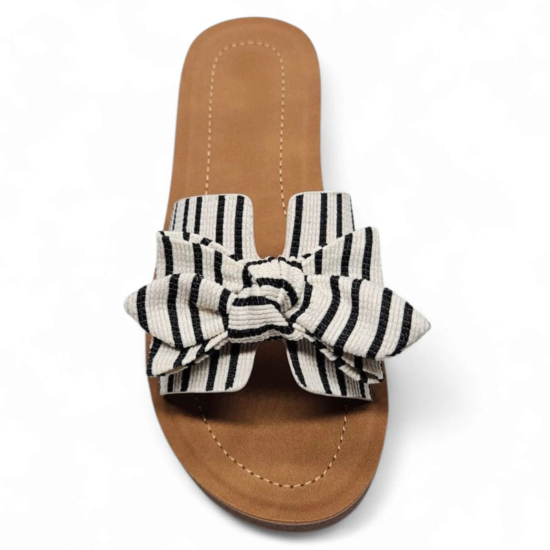Susie Striped Linen Bow Slip On Sandals featuring a stylish striped bow design