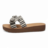 Susie Striped Linen Bow Slip On Sandals featuring a stylish striped slide design with linen bow