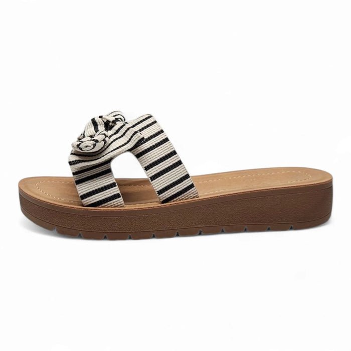 Susie Striped Linen Bow Slip On Sandals featuring a stylish striped slide design with linen bow