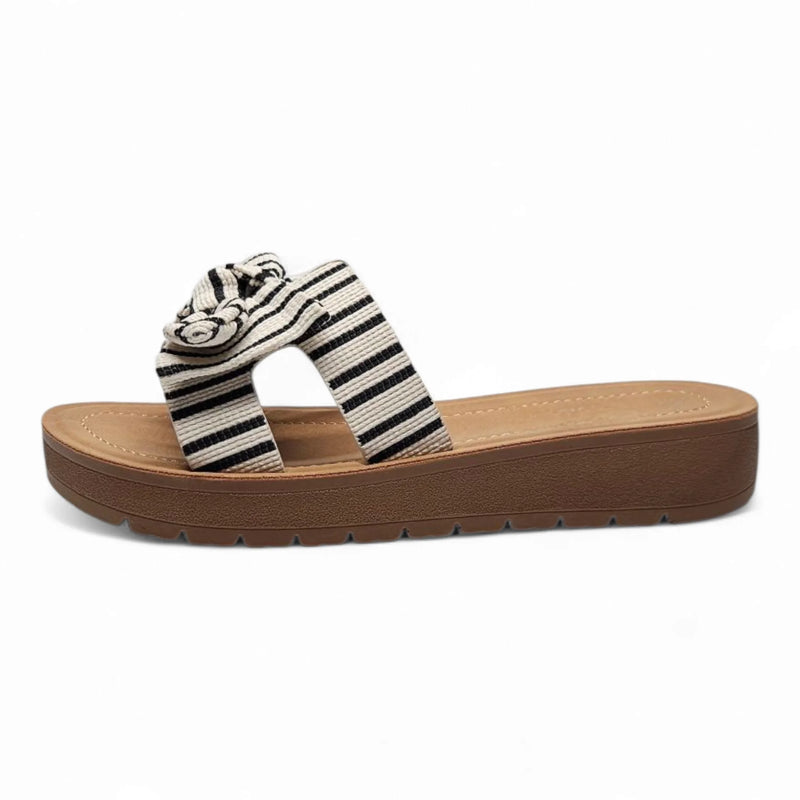 Susie Striped Linen Bow Slip On Sandals featuring a stylish striped slide design with linen bow