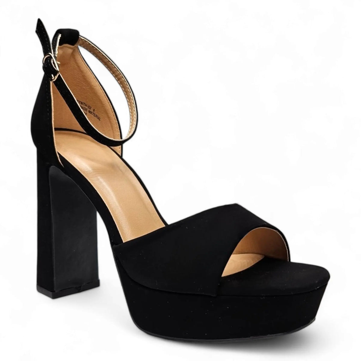 Black high-heeled platform sandal with ankle strap from When in Vegas Pumps collection